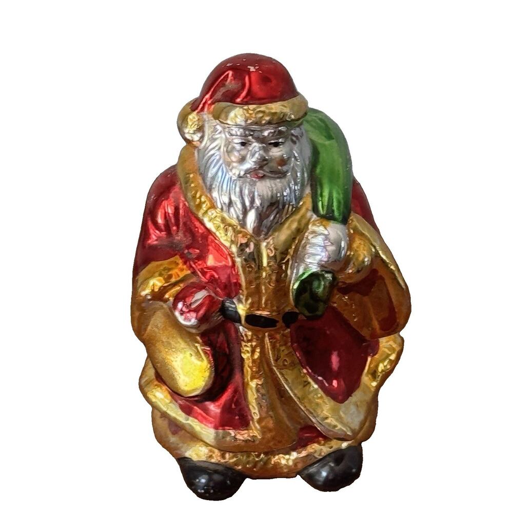 Vintage Metal Santa Shine Glaze Chrome Christmas Sack 4 1/2” Tall Holiday Decor
